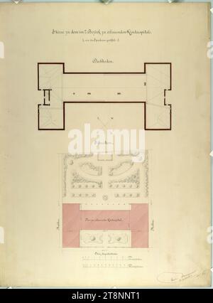 Wien II, obere Augartenstraße, Kinderkrankenhaus, Grundriss und Grundriss, Carl von Hasenauer (Wien 1833 - 1894 Wien), 10. Mai 1869, Plan, Bleistift, Tinte mit Stift auf Papier, Aquarell, 'Skizze für das Kinderkrankenhaus, das im 2. Bezirk gebaut werden soll./ (: gespendet von der Sparkasse.:)/ Attisch.', 'Situation Stockfoto