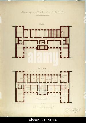 Wien II, obere Augartenstraße, Kinderkrankenhaus, Grundrisse, Carl von Hasenauer (Wien 1833 - 1894 Wien), 22. April 1869, Plan, Tusche mit Stift auf Papier, Aquarell, 'Skizze für das Kinderkrankenhaus, das im 2. Bezirk gebaut werden soll./ (: gespendet von der Sparkasse :)/ Keller, 'ebener Boden', 'bebaute Fläche 229° - 1' - 8 Stockfoto