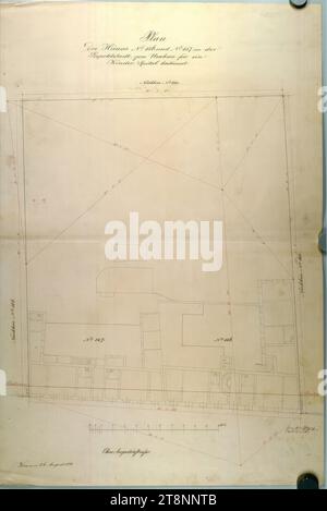 Wien II, obere Augartenstraße, Kinderkrankenhaus, Bauvermessung des alten Gebäudes, Franz Hahnschläger, Carl von Hasenauer (Wien 1833 - 1894 Wien), 26. August 1870, Plan, Tinte und Stift auf Papier, 'Plan/ der Häuser Nr. 156 und Nr. 157 in, Leopoldstadt, zur Umrüstung für ein Kinderkrankenhaus bestimmt Stockfoto