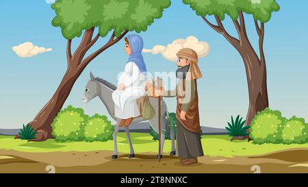Die Jungfrau Maria reist mit einem Esel, während Joseph zu Fuß in der Geschichte über die Geburt Jesu spaziert Stock Vektor