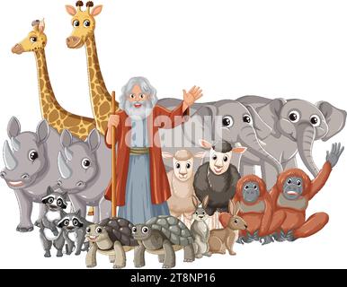Eine skurrile Zeichentrickillustration, die eine Gruppe wilder Tiere in der biblischen Geschichte von Noah darstellt Stock Vektor