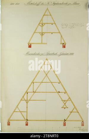 Mainz, Stephanskirche und Schwäbisch Gmünd, Marienkirche, Dachbinder, Querschnitte, Carl von Hasenauer (Wien 1833 - 1894 Wien), 16. Januar 1851, Architekturzeichnung, Stift in schwarz und rot, Bleistift, Aquarell, Blatt: 58,6 cm x 38,5 cm, '1500 - 1600 Mittelschiff der St. Stephanskirche in Mainz“, „der Ursprung der Abwechslung ist nicht mit/den Stichen, sondern auf die Hälfte/die Holzdicke geschnitten.“, „St. Marienkirche in Schwäbisch Gmünd 1500 Stockfoto