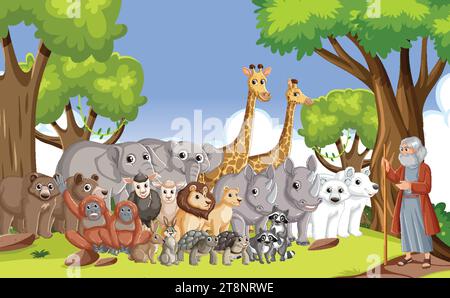 Illustration einer Gruppe wilder Tiere im Zeichentrickstil, inspiriert von der Bibelgeschichte Noahs Stock Vektor