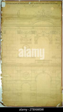 Wien I, Burgtheater, Seitenflügel, Fassade zum Volksgarten, Höhe, Carl von Hasenauer (Wien 1833 - 1894 Wien), 15. Mai 1878, Architekturzeichnung, Stift in schwarz und rot, Bleistift, 1815 x 1053 mm, BAULEITUNG/ FÜR DIE K., HOF-MUSEEN/ UND DAS K. K./ HOF-SCHAUSPIELHAUS, 'AUSFÜHRUNGSPLAN FÜR DEN BAU DES NEUEN K. K. HOF-BURGTHEATERS./ Frontalansicht der Flügel./ Detail in einem Zwölftel Lebensgröße.', '475/ Original Stockfoto