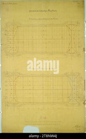 Wien I, Burgtheater, Seitenflügel, Dachkonstruktionen, Grundrisse, Carl von Hasenauer (Wien 1833 - 1894 Wien), 28. Juli 1881, Plan, Stift und Tinte in schwarz, rot, braun und blau, 1380 x 8730 mm, 'JG. GRIDL/K. (Doppeladler) HOF/SCHLOSSER/ & EISENCONSTRUCTEUR/WIEN. VI ESZTERHAZYGASSE. No 1', 'Bau der k. k. Hofburgtheater.', '2724/ Plan 4.', '.../ No 9708/ A/ am 28/7/1881', 'Grundriss der Flügel auf beiden Seiten./ Dachkonstruktion und Sparrenlayout für den linken Flügeltrakt.' Stockfoto