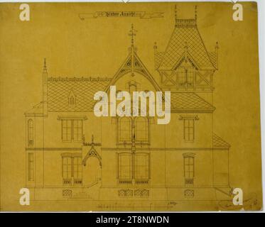 Oberösterreich, Traunsee, Altmünster, Entwurf für die Villa Ranzoni, Westfassade, Höhe, Carl von Hasenauer (Wien 1833 - 1894 Wien), 1. August 1861, Architekturzeichnung, Stift und schwarze Tinte, 313 x 400 mm, 'Rückansicht Stockfoto