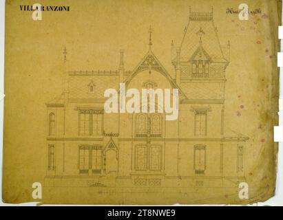 Oberösterreich, Traunsee, Altmünster, Villa Ranzoni, Westfassade, Elevation, Carl von Hasenauer (Wien 1833 - 1894 Wien), 1862, Architekturzeichnung, Bleistift, schwarz-roter Stift, 506 x 670 mm, „VILLA RANZONI“, „Rückansicht Stockfoto