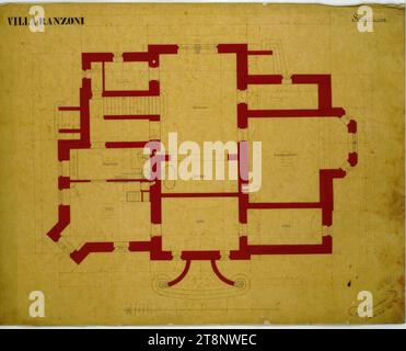 Oberösterreich, Traunsee, Altmünster, Villa Ranzoni, Keller, Grundriss, Carl von Hasenauer (Wien 1833 - 1894 Wien), 1862, Grundriss, Bleistift, Stift in schwarz und rot, Aquarell, 510 x 662 mm, 'VILLA RANZONI', 'Keller' Stockfoto