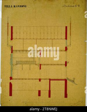Oberösterreich, Traunsee, Altmünster, Villa Ranzoni, Längsschnitt, Carl von Hasenauer (Wien 1833 - 1894 Wien), 1862, Plan, Bleistift, Stift in schwarz und rot, Aquarell, 643 x 501 mm, 'VILLA RANZONI', 'Durchschnitt A B Stockfoto