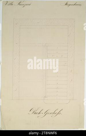 Oberösterreich, Traunsee, Altmünster, Villa Ranzoni, Treppenhaus, Grundriss, Carl von Hasenauer (Wien 1833 - 1894 Wien), 1862, Grundriss, Bleistift, Stift in schwarz und rot, 503 x 326 mm, 'Villa Ranzoni', 'Treppe.', 'Dachboden Stockfoto