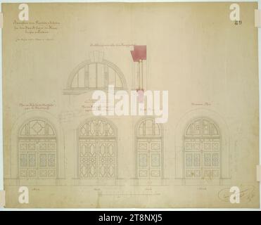 Wien I, Bösendorferstraße 13, Palais Lützow, Tor des Hauptportals und Tore im Innenhof, Höhe und Abschnitt, Carl von Hasenauer (Wien 1833 - 1894 Wien), 18. Februar 1871, Plan, Bleistift, Stift in Braun, Schwarz, Balu und Rot, Aquarell, 644 x 805 mm, 'Ansichten der Zimmermannsarbeit/ für die Konstruktion SR, Excel. Des Herrn Graf v. Lützow./ (die Mahsse (sic) sind persönlich zu nehmen), '89', 'halbrunde Fenster über dem Hauptportal', 'Thor im Innenhof für den Durchgang/ zur Künstlergasse./ in' Stockfoto