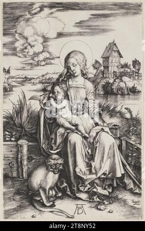 Maria mit dem Affen, Albrecht Dürer (Nürnberg 1471 - 1528 Nürnberg), um 1498, Druck, Kupferstich; Blatt ist zugeschnitten, Blatt: 19,1 x 12,3 cm Stockfoto