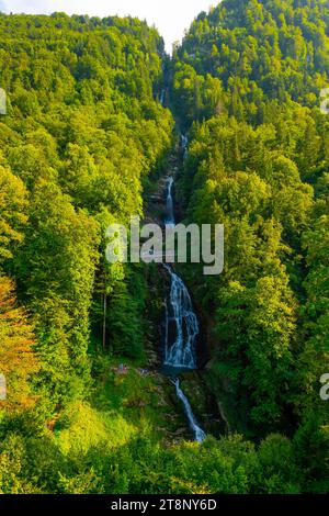 Der Giessbach-Wasserfall auf der Bergseite in Brienz, Berner Oberland, Kanton Bern, Schweiz Stockfoto