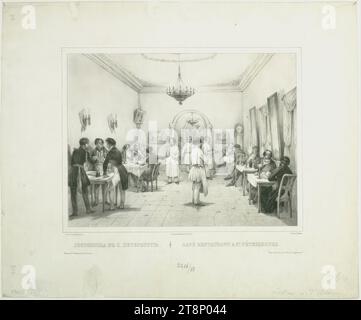 Café Restaurant A St. Petersburg, Victor Jean Vincent Adam (Frankreich, 1801-1866), um 1830, Druckgraphik, Lithographie, Blatt: 38,5 cm x 29,5 cm, l.u. 'gezeichnet von H. Mitreuter.'; M.u. 'im. Lemercier Benard und C.e in Paris."; r.u. "Lith. Von V. Adam Stockfoto