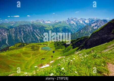 Panorama vom Fellhorn über die Bergstation Schlappoldsee und Fellhornbahn zum zentralen Hauptkamm der Allgäuer Alpen, Allgäuer, Bayern Stockfoto