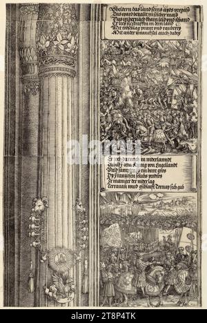 Kolumnenpaar mit dem aragonesischen Orden der Dose, Feldzug in Geldern 1505, Feldzug in Flandern und Bündnis mit Heinrich VIII. 1513 (der Ehrenbogen Kaiser Maximilians I., historische Darstellungen, B', C' 2,7, 10), der Ehrenbogen Kaiser Maximilians I., Albrecht Dürer ( Nürnberg 1471–1528 Nürnberg), Hans Springinklee (Nürnberg 1490/95–1540 Nürnberg), 1515, Druck, Holzschnitt Stockfoto