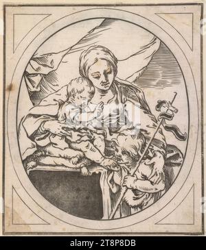 Maria mit Jesus und dem Jungen Johannes, Bartolomeo Coriolano (Italien, 1599 - 1676), 1641, Druckerei, clair obscur Holzschnitt aus drei Platten, auf dem Etikett: "gravé par le Coriolan d'après le Guide", von einer anderen Hand: "ecriture de M. Mariette Stockfoto