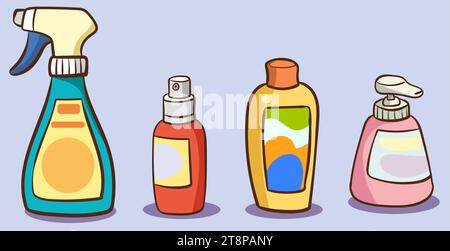 Parfüm Duftflasche, Haarspray Dose, Flüssigseife, Reinigungsspray Flasche isoliert. Stock Vektor