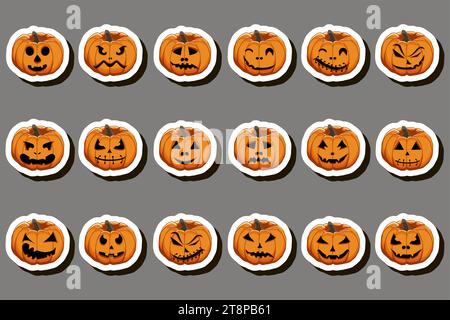 Illustration auf Themenaufkleber zum Feiern lustiger Feiertag Halloween mit orangen Kürbissen Stock Vektor