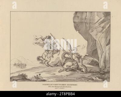 Szenen deutscher Dichter Nr. 1: Schiller, Friedrich: Der Kampf mit dem Drachen (Illustration), Szenen deutscher Dichter, 1824, Druck, Lithographie, Blatt: 33,4 x 44,3 cm Stockfoto