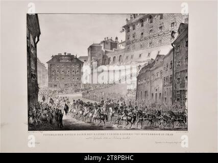 Ankunft des kaiserlichen Ehepaares Ferdinand I. und Maria Anna von Österreich in Prag am 1. September 1836, aus: Journal pittoresque. Malerische Skizzen der neuesten Seltsamkeiten, Vorkommnisse und Phänomene im Leben. Von den geschicktesten Künstlern aus der Natur gezeichnet und von Franz Wolf Lithographie erstellt. Herausgegeben von Franz Wolf und Friedrich von Weissenbach, Ausgabe 16, Wien 1836, Bildtafel 1, 1836, Drucke, Lithografie auf Papier, Blatt: 35,2 x 50 cm, runder Blindstempel „FW“ (Recto) Stockfoto