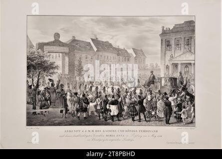 Ankunft des Kaiserpaares Ferdinand I. und Maria Anna von Österreich in Preußen am 1. Mai 1836, aus: Journal pittoresque. Malerische Skizzen der neuesten Seltsamkeiten, Vorkommnisse und Phänomene im Leben. Von den geschicktesten Künstlern aus der Natur gezeichnet und von Franz Wolf Lithographie erstellt. Herausgegeben von Franz Wolf und Friedrich von Weissenbach, Heft 14, Wien 1836, Bildtafel 1, 1836, Druck, Lithografie auf Papier, Blatt: 32,8 x 47,9 cm, runder Blindstempel „FW“ (rückseitig, geschnitten) Stockfoto