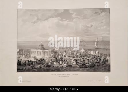 Ankunft des kaiserlichen Ehepaares Ferdinand I. und Maria Anna von Österreich in Venedig am 4. Oktober 1838, aus: Journal pittoresque. Malerische Skizzen der neuesten Seltsamkeiten, Vorkommnisse und Phänomene im Leben. Von den geschicktesten Künstlern aus der Natur gezeichnet und von Franz Wolf Lithographie erstellt. Herausgegeben von Franz Wolf und Friedrich von Weissenbach, Ausgabe 21, Wien 1838, Bildtafel 4, 1838, Drucke, Lithografie auf Papier, Blatt: 35 x 50,5 cm, runder Blindstempel „FW“ (Recto) Stockfoto