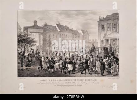 Ankunft des Kaiserpaares Ferdinand I. und Maria Anna von Österreich in Preußen am 1. Mai 1836, aus: Journal pittoresque. Malerische Skizzen der neuesten Seltsamkeiten, Vorkommnisse und Phänomene im Leben. Von den geschicktesten Künstlern aus der Natur gezeichnet und von Franz Wolf Lithographie erstellt. Herausgegeben von Franz Wolf und Friedrich von Weissenbach, Heft 14, Wien 1836, Bildtafel 1, 1836, Drucke, Lithografie auf Papier, Blatt: 35 x 49 cm, runder Blindstempel 'FW' (Recto), [l.u.] 'Journal pitoresque'. Stockfoto