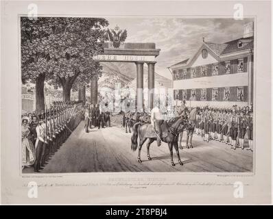 Ankunft des Kaiserpaares Ferdinand I. und Maria Anna von Österreich in Innsbruck am 9. August 1838, (1838), Druck, Lithographie auf Papier, Blatt: 41,2 x 51,1 cm Stockfoto