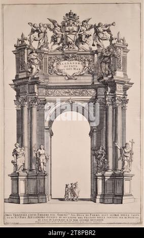Triumphbogen (Vorderseite) des Herzogs von Parma in Rom anlässlich der Prozession der Übernahme San Giovanni in Laterano durch Papst Alexander VIII. Am 23. Oktober 1689, 1689, Druck, Kupferstich auf Papier, Blatt: 45,3 x 28,6 cm Stockfoto