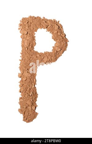 Der Buchstabe P besteht aus Rouge oder Make-up-Pulver. Künstlerische Form, die Aufmerksamkeit erregt, voller Textur, Mustern und Tiefe. Stockfoto