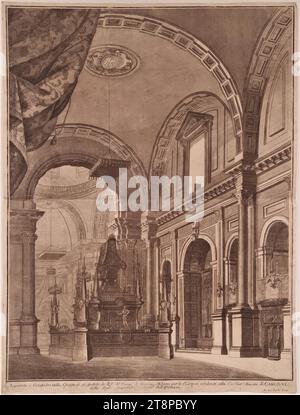 Trauergerüst für Kaiser Karl VI In der Kirche St. Fidelis in Mailand 1740, 1740, Druck, Ätzung auf Papier, Blatt: 61,7 x 46,5 cm Stockfoto