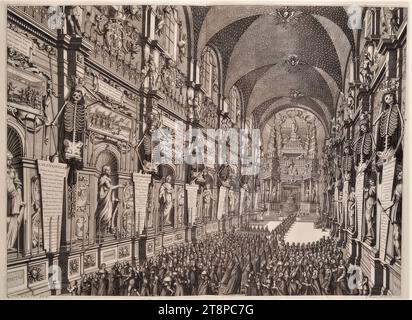 Inneres des Turiner Doms während der Begräbniszeremonien von Herzog Karl Emanuel II. Von Savoyen vom 28. Oktober bis 4. November 1675, aus: Giulio Vasco, Del Funerale Celebrato nel Duomo di Torino all'Altezza reale di Carlo Emanuele II Duca di Savoia, Principe di Piemonte, Rè di Cipri, &c., Turin, Turin, Bartolomeo Zappata, (1676), 1676, Druckerei, Gravur und Ätzung auf Papier, Blatt: 44,5 x 60,5 cm Stockfoto