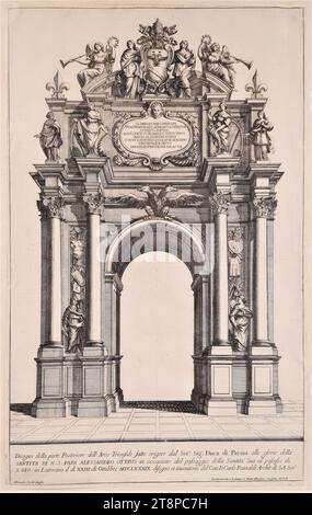 Triumphbogen (Rückseite) des Herzogs von Parma in Rom anlässlich der Prozession zur Besetzung San Giovanni in Laterano durch Papst Alexander VIII. Am 23. Oktober 1689, 1689, Druck, Kupferstich auf Papier, Blatt: 45,3 x 28,4 cm Stockfoto