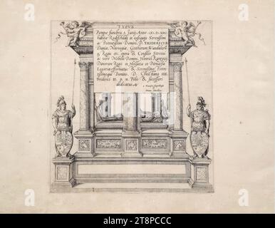 Begräbnisfeierlichkeiten für König Friedrich II. Von Dänemark und Norwegen am 5. Juni 1588 in Roskilde: Titelblatt (mit Grabmal) [, Bildtafel 1], TYPUS | Trauerparade 5. Junij, Anno. 12. Jahrhundert | gehalten von Rodtschildij während der Beerdigung von Serenißimi und dem mächtigsten Herrn D. FRIEDRICH II | von Dänemark, Norwegen, den Goten, Wandaloru [m]- | das des Königs usw. das Werk und der Rat der anstrengenden | und wahrhaftig der edle Herr Henrici Ranzovij, | Botschafter des Königs der Dänen in Holsatien und Ditmarsia, etc. gebildet & Serenißimo Poten- | und dem allerliebsten Herrn Stockfoto