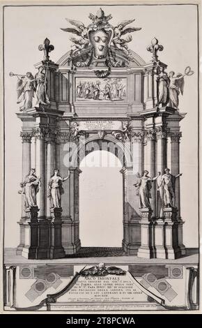 Erzbogen des Herzogs von Parma anlässlich der Prozession von Papst Innozenz XII., der San Giovanni in Laterano in Besitz nahm. Am 13. April 1692, (1692), Ätzen und Gravieren auf Papier, Blatt: 48,2 x 31,2 cm Stockfoto