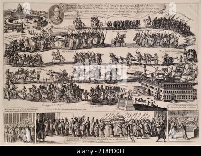 Trauerprozession mit dem Leichnam von Papst Innozenz XIII Vom Quirinalpalast bis zum Vatikan am 9. März 1724, anonym, 1724, Radierung und Gravur auf Papier, Blatt: 30,7 x 42,3 cm Stockfoto