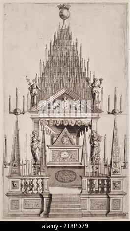 Grabstätte für Ferdinand I. Großherzog der Toskana in der Kirche S. Maria Gloriosa dei Frari am 26. Mai 1609, aus: Agostino Masi, Essequie Del Serenissimo D. Ferdinando Medici Gran Duca di Toscana III Feiern Sie in Venetia dalla Nazione Fiorentina, Venedig, Bernardo Giunti, Giovanni Battista Ciotti & Co., 1609, anonym, 1609, Print, Ätzen auf Papier, Blatt: 33,3 x 19,6 cm, [R.u.] '1609' (handgeschrieben, in Stift Stockfoto