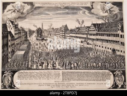 Hommage der Augsburger an König Gustav II. Adolf von Schweden auf dem Weinmarkt in Augsburg am 24. April 1632, 1634, Druck, Kupferstich auf Papier, Blatt: 36,6 x 50,8 cm, [l.u.] 'Serenissimus, Potentissimus et Invicssimus Princeps ac Dominus, Dominus GUSTAVUS ADOLPHUS | MAXIMUS, Suecorum, Gotthorum et Vandalornm Rex ... Et amplioribus ornat'; [R.B.] „nachdem das alles durchdringt mächtig ist, ist Fürst und Herr, Lord Gustav Adolph der GROSSE, der Schwede, | den, Gotthen und Wenden Khönig, Großfürst von Finnland, Herzog von Esten und Carelen unbesiegbar Stockfoto