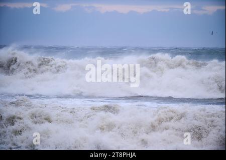 Gewaltige Wellen während eines unglaublich mächtigen Sturms im Schwarzen Meer. Stockfoto