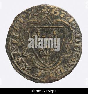 Zählzeichen mit drei Fleurs-de-Lis innerhalb eines Doppeltrilappens mit Redents, XIII.-XV. Jahrhundert, Numismatisch, Token (numismatisch), Kupfer, Vergoldung = Vergoldung, Größen - Werk: Durchmesser: 2,2 cm, Gewicht (Typengröße): 1,676 g Stockfoto