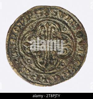 Zählzeichen mit drei Fleurs-de-Lis innerhalb eines Doppeltrilappens mit Redents, XIII.-XV. Jahrhundert, Numismatisch, Token (numismatisch), Kupfer, Vergoldung = Vergoldung, Größen - Werk: Durchmesser: 2,2 cm, Gewicht (Typenmaß): 1,676 g Stockfoto