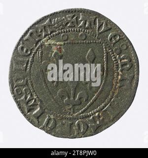 Zählzeichen mit einem Schild mit drei Fleurs-de-Lis, überragt von zwei Ringen, XIII.-XV. Jahrhundert, Numismatisch, Token (numismatisch), Bronze, Größen – Verarbeitung: Durchmesser: 2,7 cm, Gewicht (Typenabmessung): 3,885 g Stockfoto