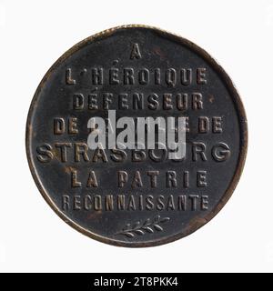 General Jean-Jacques Uhrich (1802–1886), Militärgouverneur und Verteidiger von Straßburg, 23. August bis 28. September 1870, 1870, 19. Jahrhundert, Numismatik, Medaille, Messing, Größen - Werk: Durchmesser: 2,4 cm, Gewicht (Typengröße): 4,87 g Stockfoto