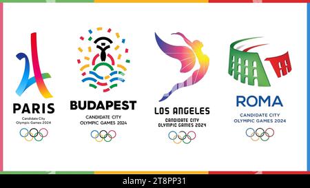 Paris 2024 Olympische Spiele Kandidatenstädte LOS ANGELES PARIS BUDAPEST Roma Vektor-Logo auf weiß isoliert Stock Vektor