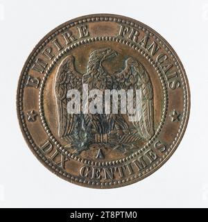 10-Centimes-Münze in Kupfer von Napoleon III, 1857, Barré, Albert-Désiré, Graveur en médailles, Array, Numismatique, Monnaie, Paris, Abmessungen - Werk: Durchmesser: 3 cm, Gewicht (Typenabmessung): 10,01 g Stockfoto