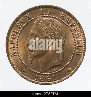 10-Centimes-Münze in Kupfer von Napoleon III, 1861, Barré, Albert-Désiré, Graveur en médailles, Array, Numismatique, Monnaie, Paris, Abmessungen - Werk: Durchmesser: 3 cm, Gewicht (Typenabmessung): 10,01 g Stockfoto