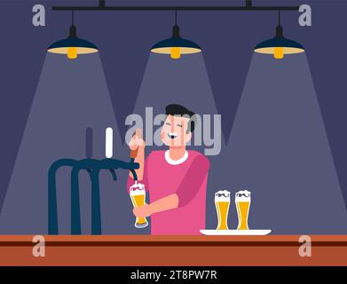 Der Barkeeper an der Bar schenkt Bier in Gläser. Alkohol trinken. Barkeeper mit Bier-Pints. Mann unter Lampen Licht. Pub-Bestellung . Getränketasse. Nachtleben im Club Stock Vektor