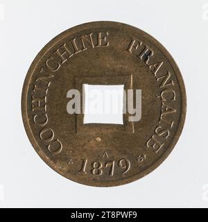 Sapeque im Wert von einem Fünftel des Centime in Bronze der französischen Cochinchina, 1879, Barré, Albert-Désiré, 1879, Numismatic, Monnaie, Paris, Abmessungen - Arbeit: Durchmesser: 2 cm, Gewicht (Typenabmessung): 1,99 g Stockfoto