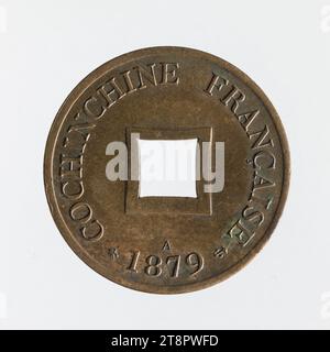 Sapeque im Wert von einem Fünftel des Centime in Bronze der französischen Cochinchina, 1879, Barré, Albert-Désiré, 1879, Numismatic, Monnaie, Paris, Abmessungen - Arbeit: Durchmesser: 2 cm, Gewicht (Typenabmessung): 1,99 g Stockfoto